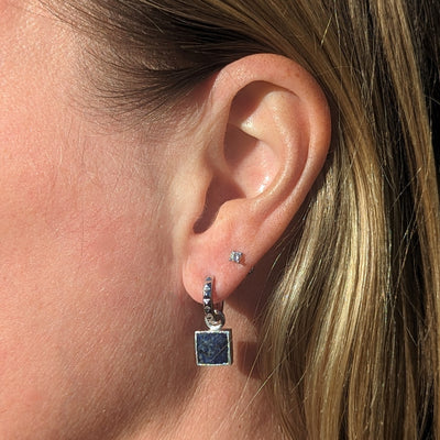 silver lapis lazuli square charm hoop earrings