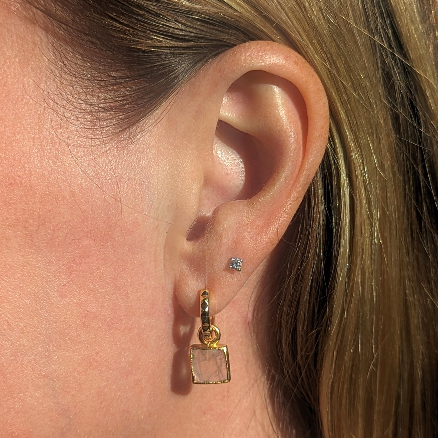 gold plated rose quartz square charm hoop earrings
