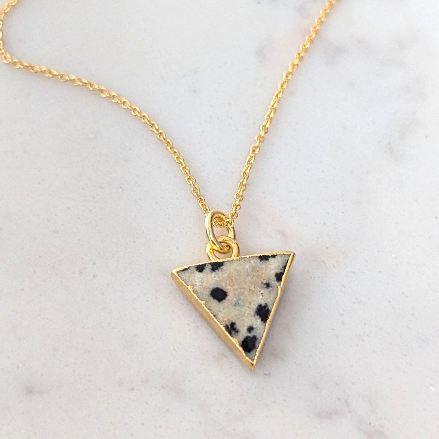 gold plated dalmatian jasper triangular pendant necklace