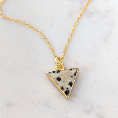 gold plated dalmatian jasper triangular pendant necklace