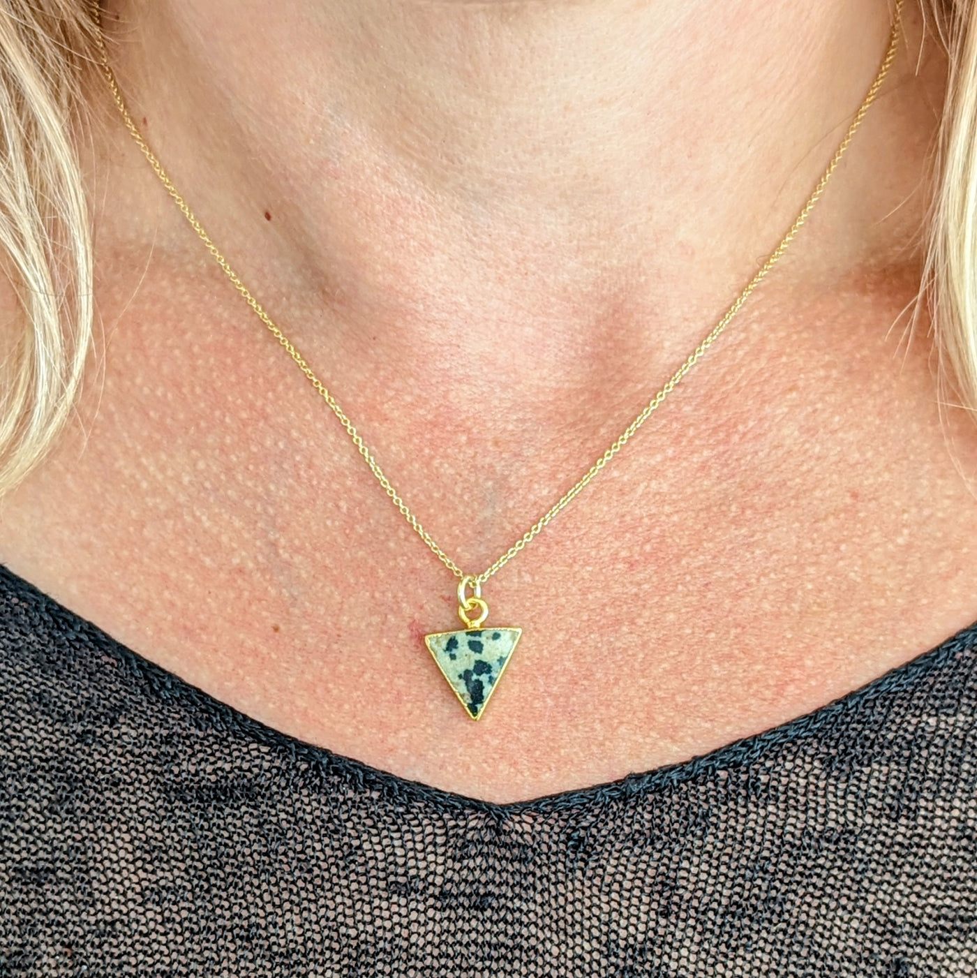 gold plated dalmatian jasper triangular pendant necklace