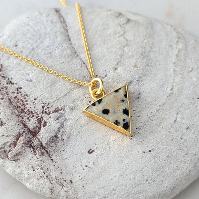 gold plated dalmatian jasper triangular pendant necklace