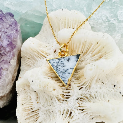 gold plated dendritic agate triangular pendant necklace