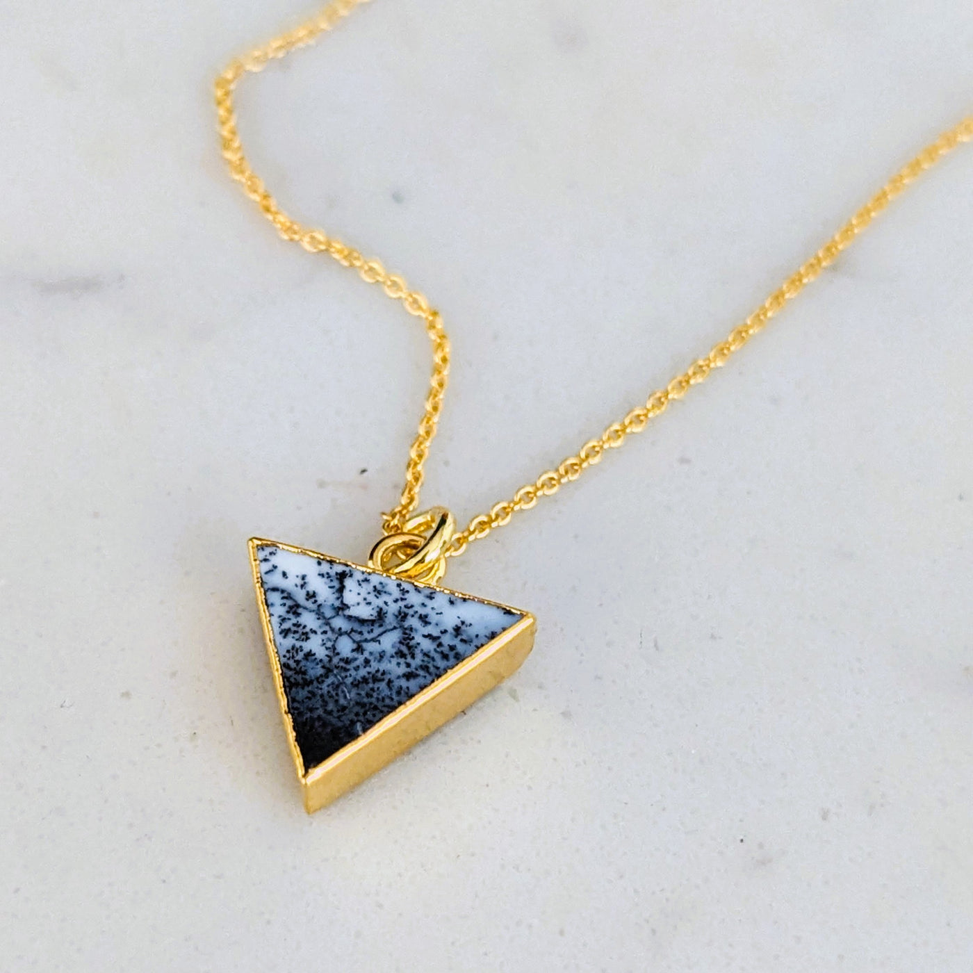 gold plated dendritic agate triangular pendant necklace