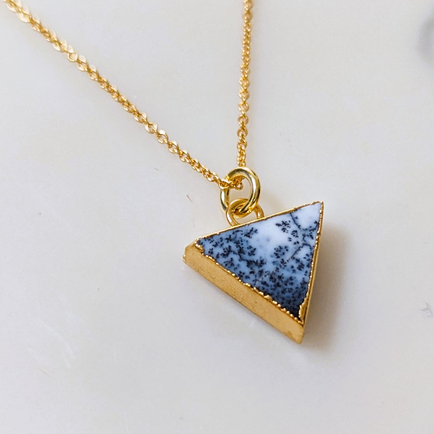 gold plated dendritic agate triangular pendant necklace
