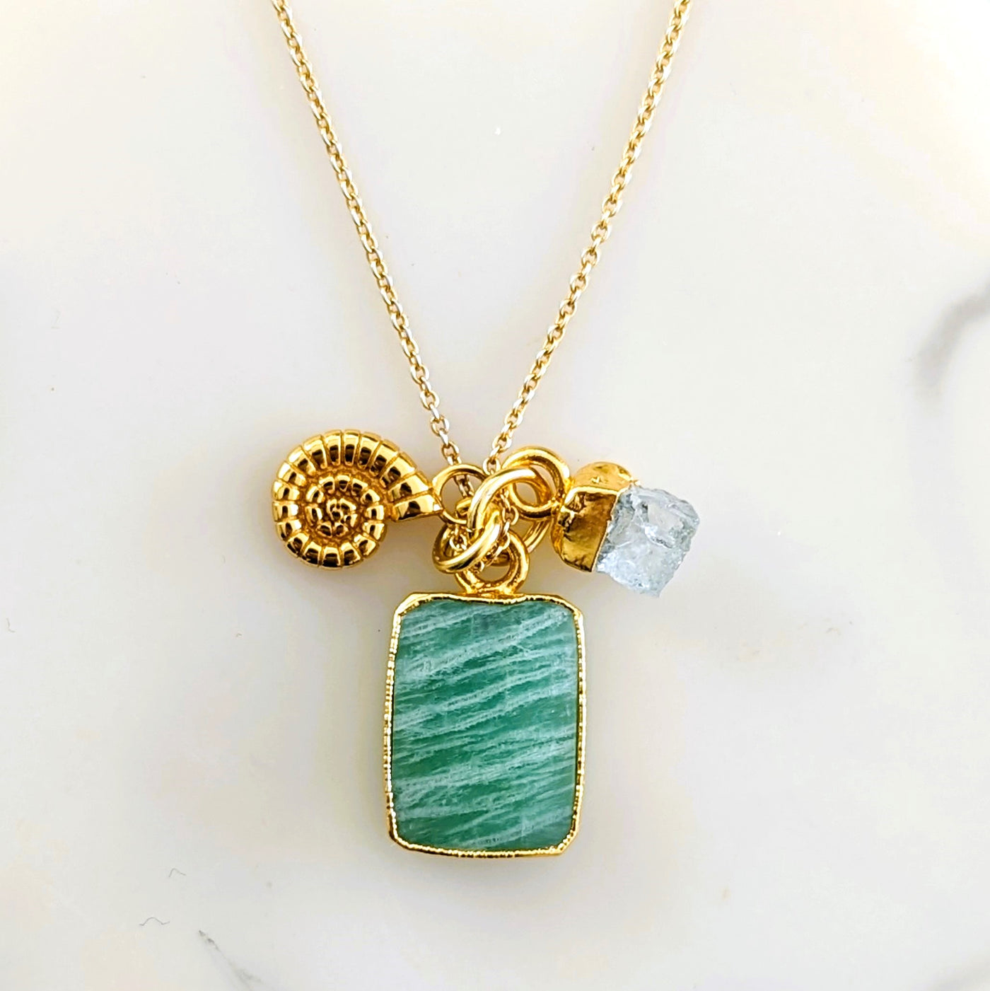 amazonite, aquamarine and ammonite charm gold pendant necklace