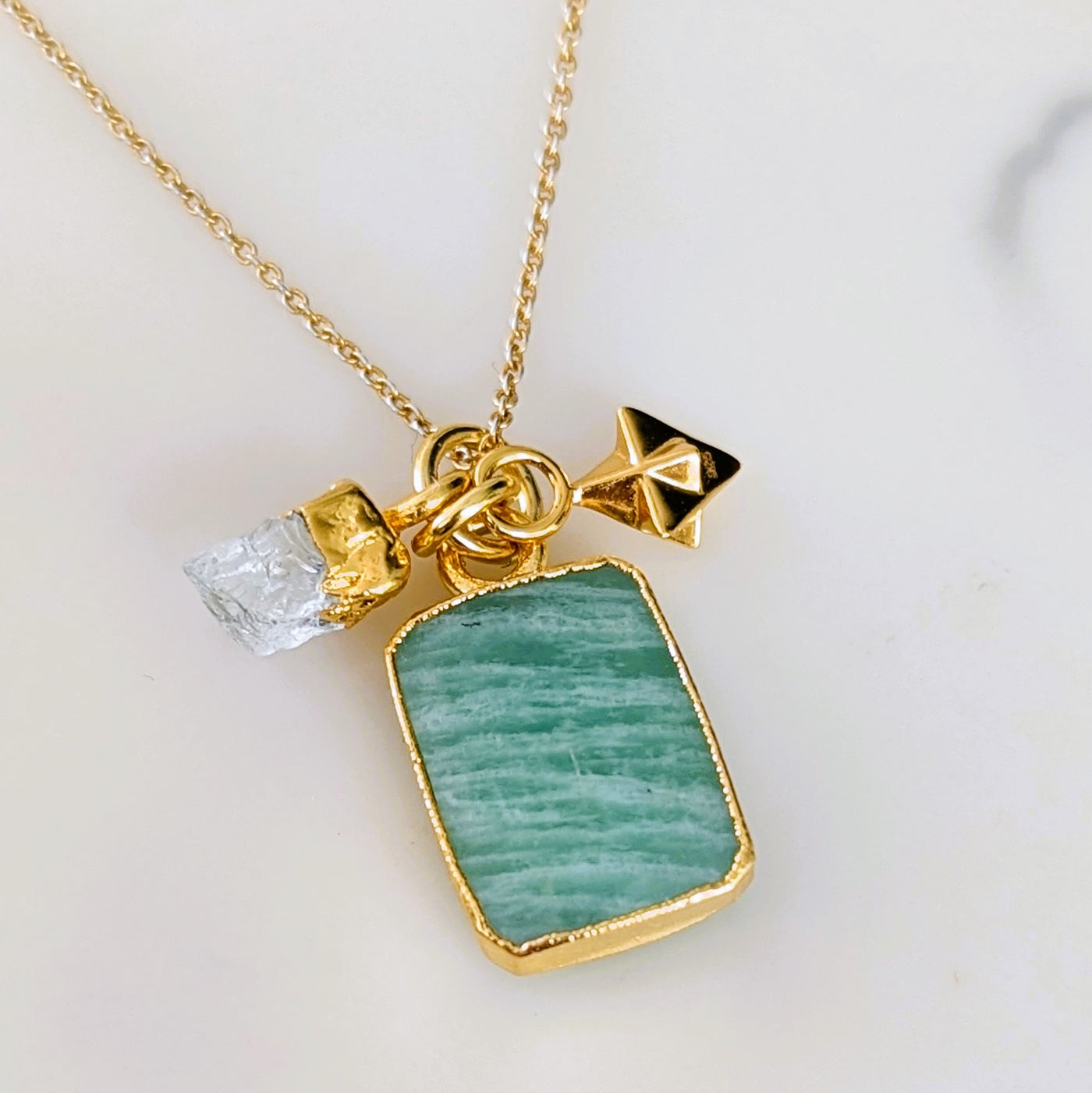 amazonite, aquamarine and tetrahedron star charm gold pendant necklace