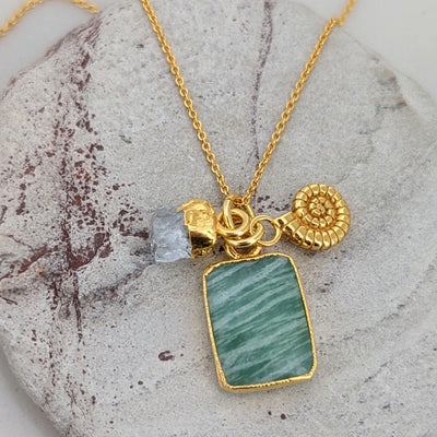 amazonite, aquamarine and ammonite charm gold pendant necklace
