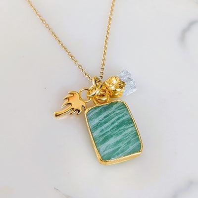 amazonite, aquamarine and palm tree charm gold pendant necklace