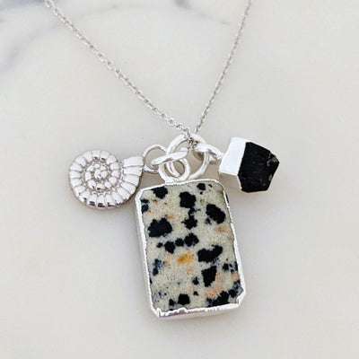 Dalmatian Jasper, Black Onyx and ammonite charm silver pendant necklace