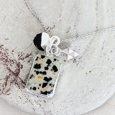 Dalmatian Jasper, Black Onyx and tetrahedron charm silver pendant necklace