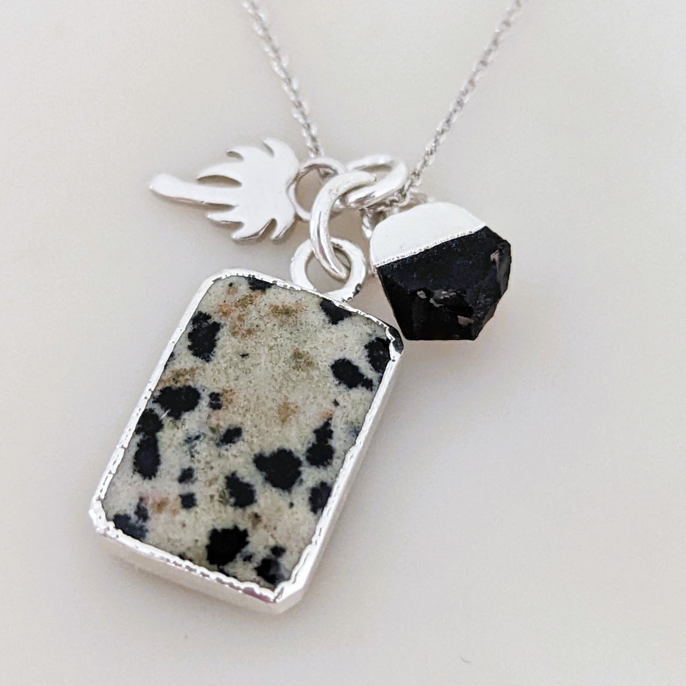 Dalmatian Jasper, Black Onyx and palm tree charm silver pendant necklace