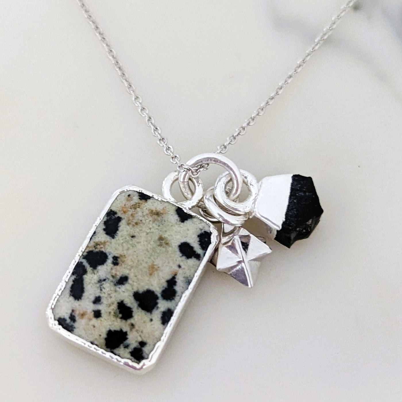 Dalmatian Jasper, Black Onyx and tetrahedron charm silver pendant necklace