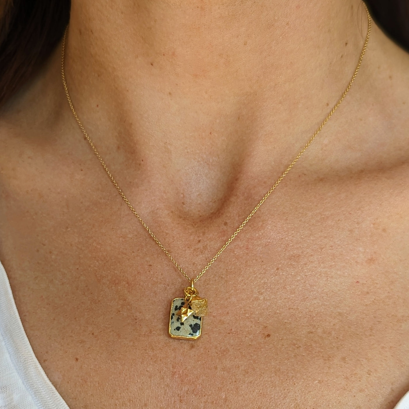 Gold plated dalmatian jasper, citrine and tetrahedron charm pendant necklace