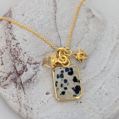 Gold plated dalmatian jasper, citrine and tetrahedron charm pendant necklace