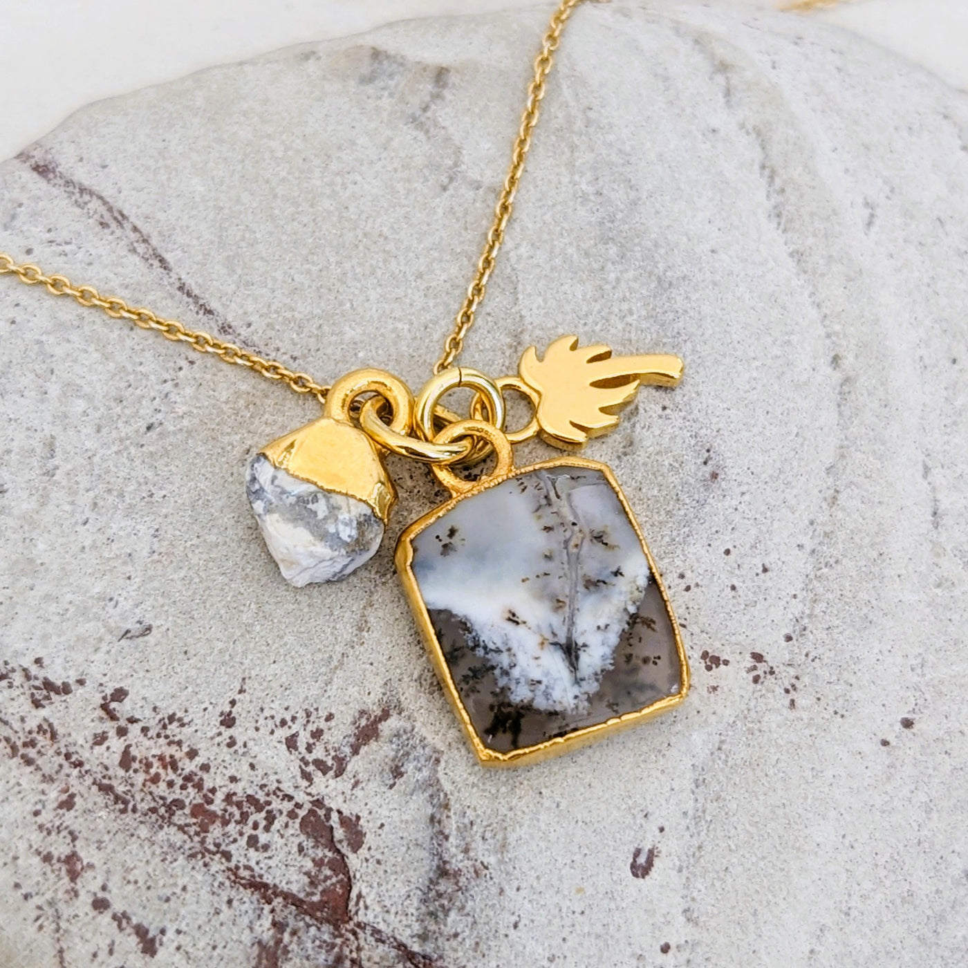 Gold plated dendritic agate, white howlite and palm tree charm pendant necklace