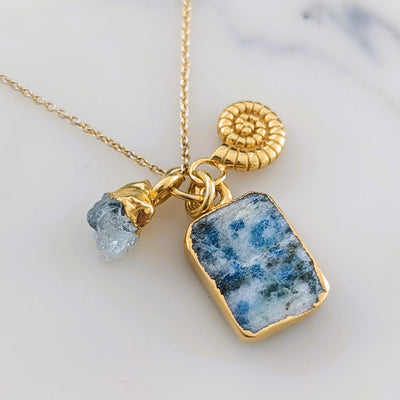 Gold plated K2, aquamarine and ammonite gemstone necklace