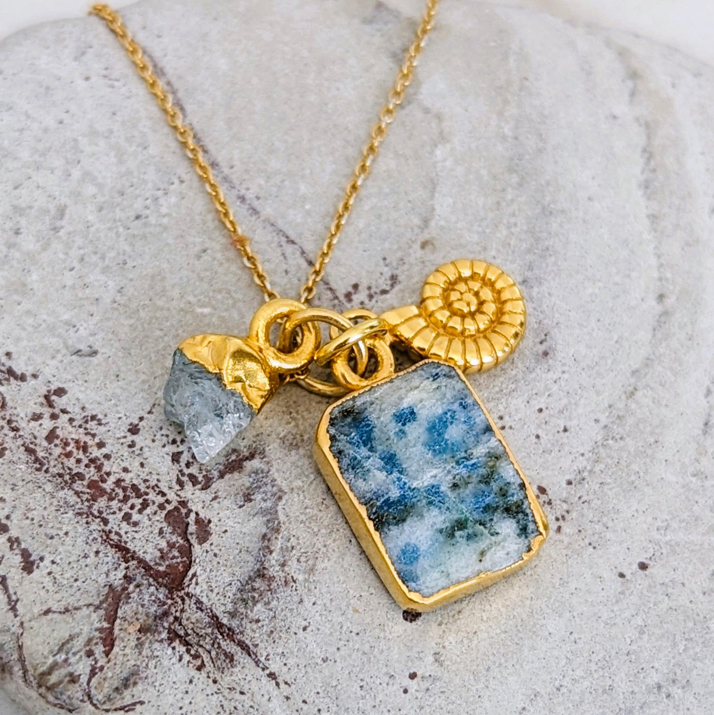 Gold plated K2, aquamarine and ammonite gemstone necklace