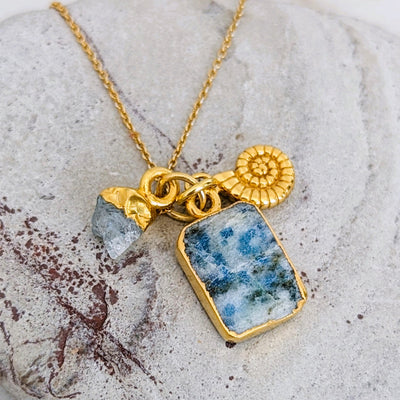 Gold plated K2, aquamarine and ammonite gemstone necklace