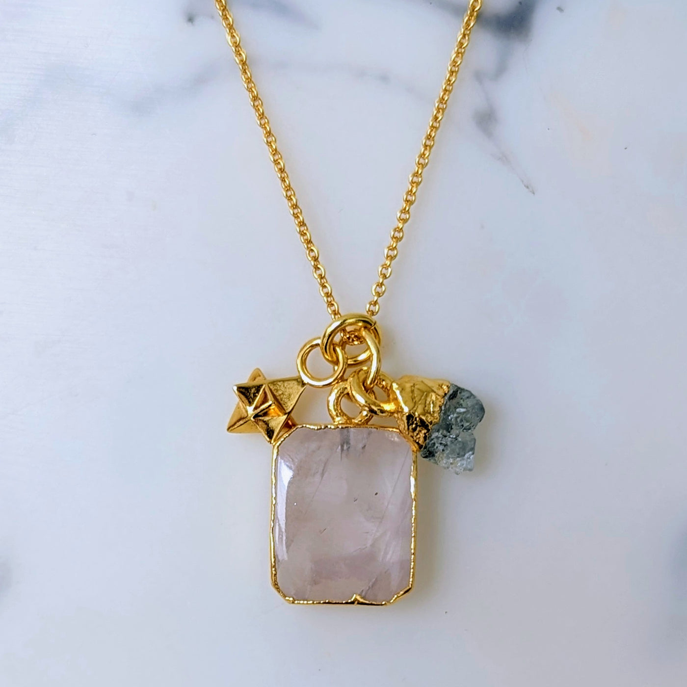 rose quartz and aquamarine and tetrahedron star gemstone pendant necklace