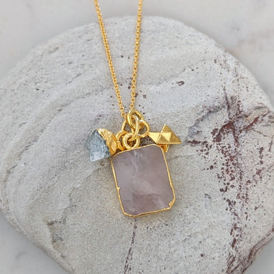 gold rose quartz and aquamarine and tetrahedron star gemstone pendant necklace