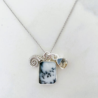 Sterling silver dendritic agate, white howlite and ammonite gemstone necklace