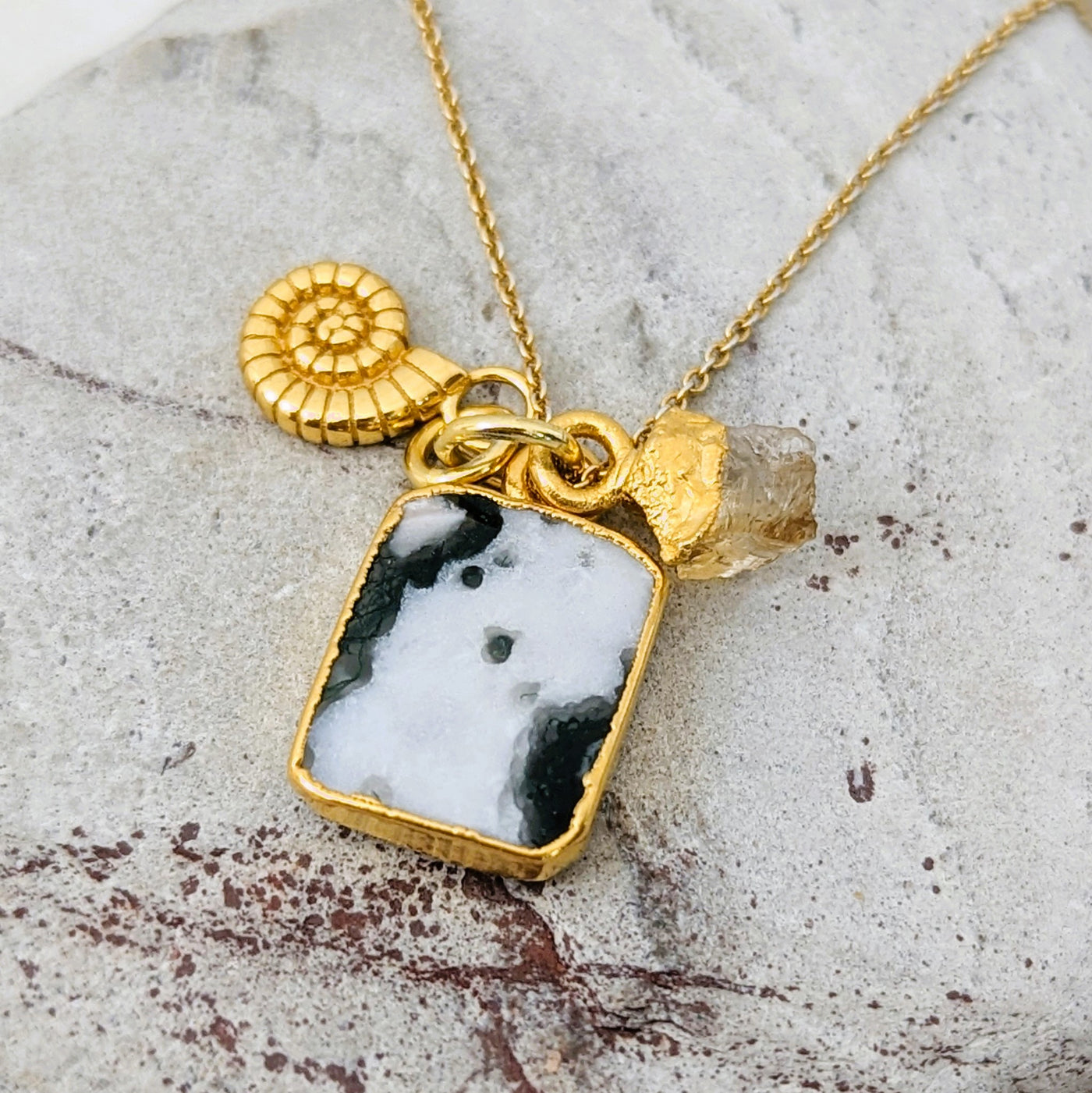 Tree agate, Citrine and ammonite charm gold plated pendant necklace