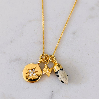 gold trio charm dalmatian jasper pendant necklace