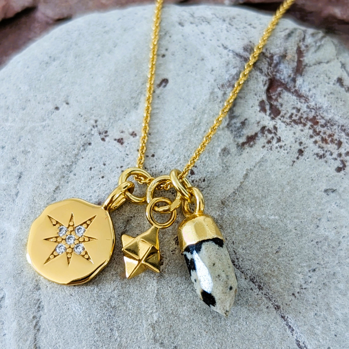 gold trio charm dalmatian jasper pendant necklace 