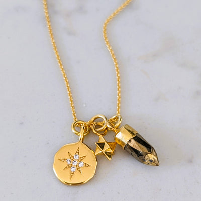 gold trio charm pyrite pendant necklace