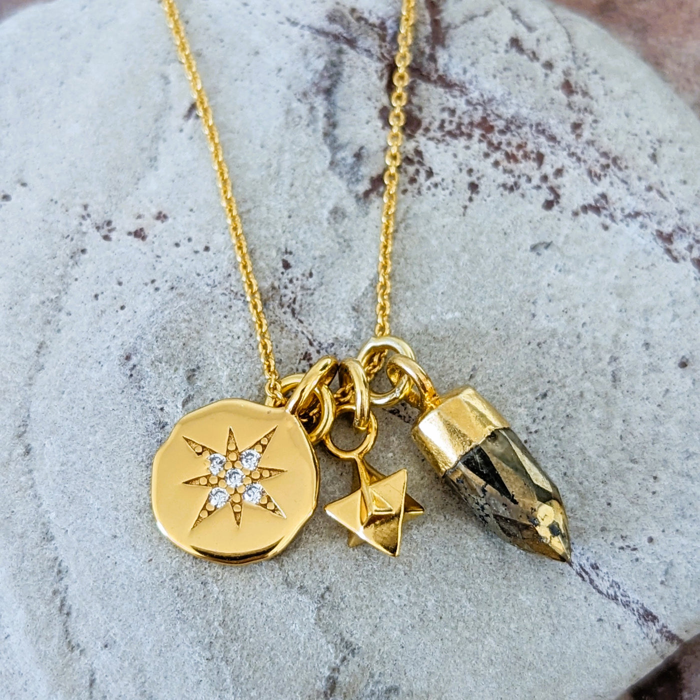 gold trio charm pyrite pendant necklace