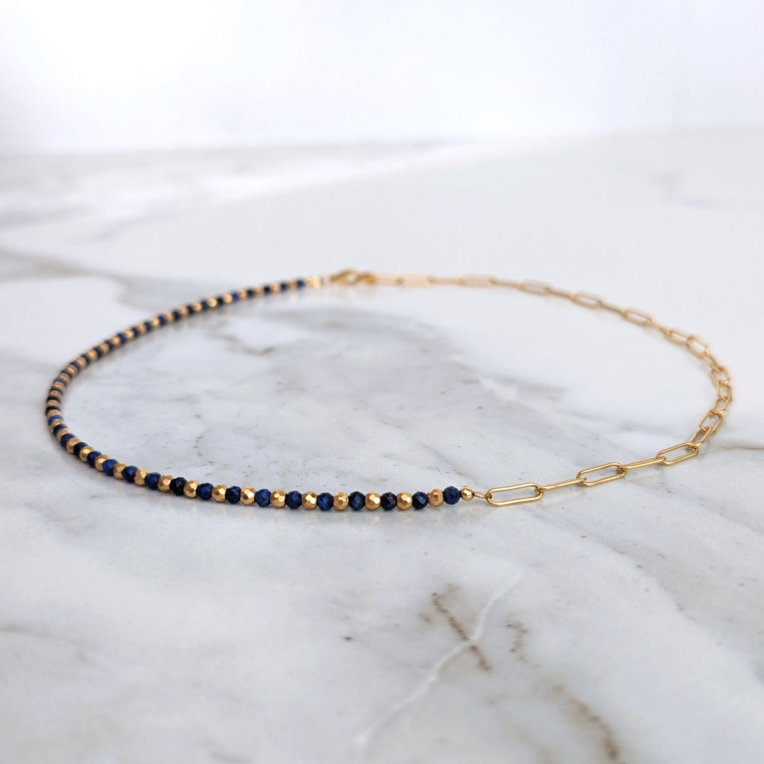 gold lapis lazuli and paperclip chain necklace 