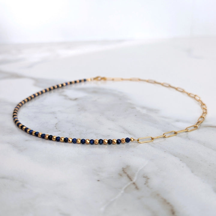 gold lapis lazuli and paperclip chain necklace 