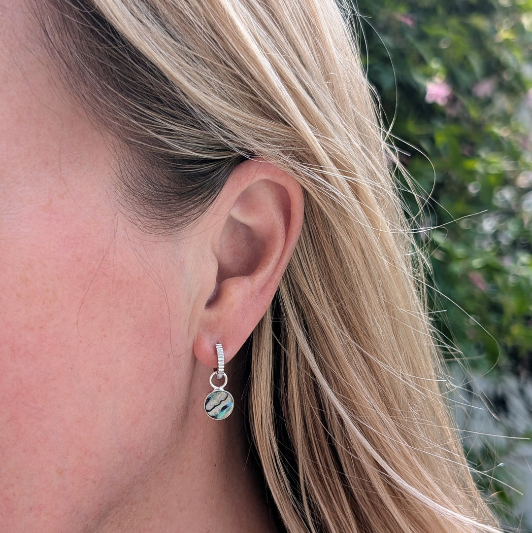 silver circular charm abalone shell earrings
