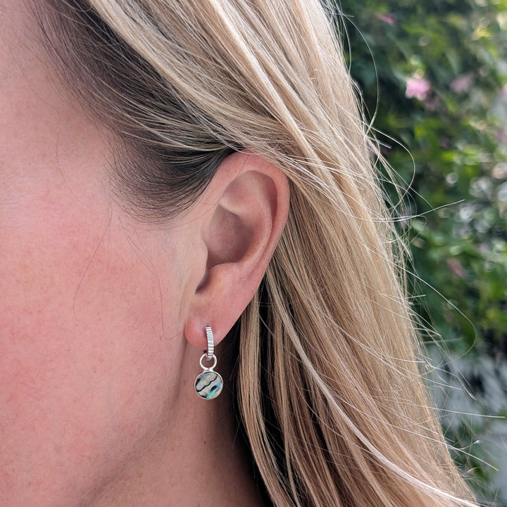 silver circular charm abalone shell earrings