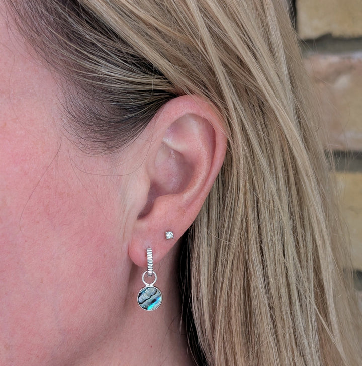 silver circular charm abalone shell earrings