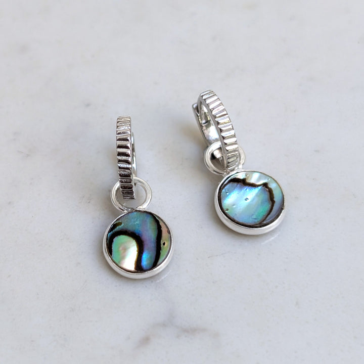 silver circular charm abalone shell earrings