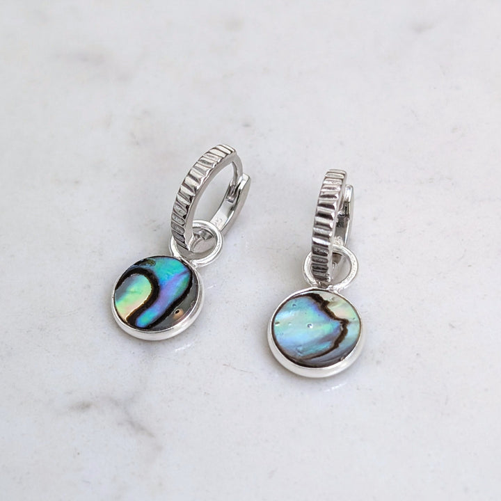 silver circular charm abalone shell earrings