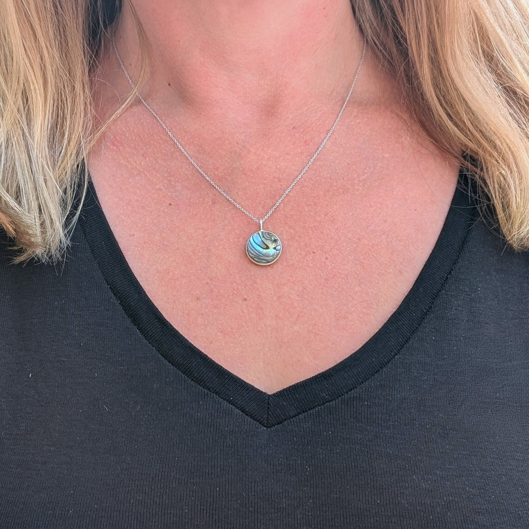 sterling silver circular pendant abalone shell necklace