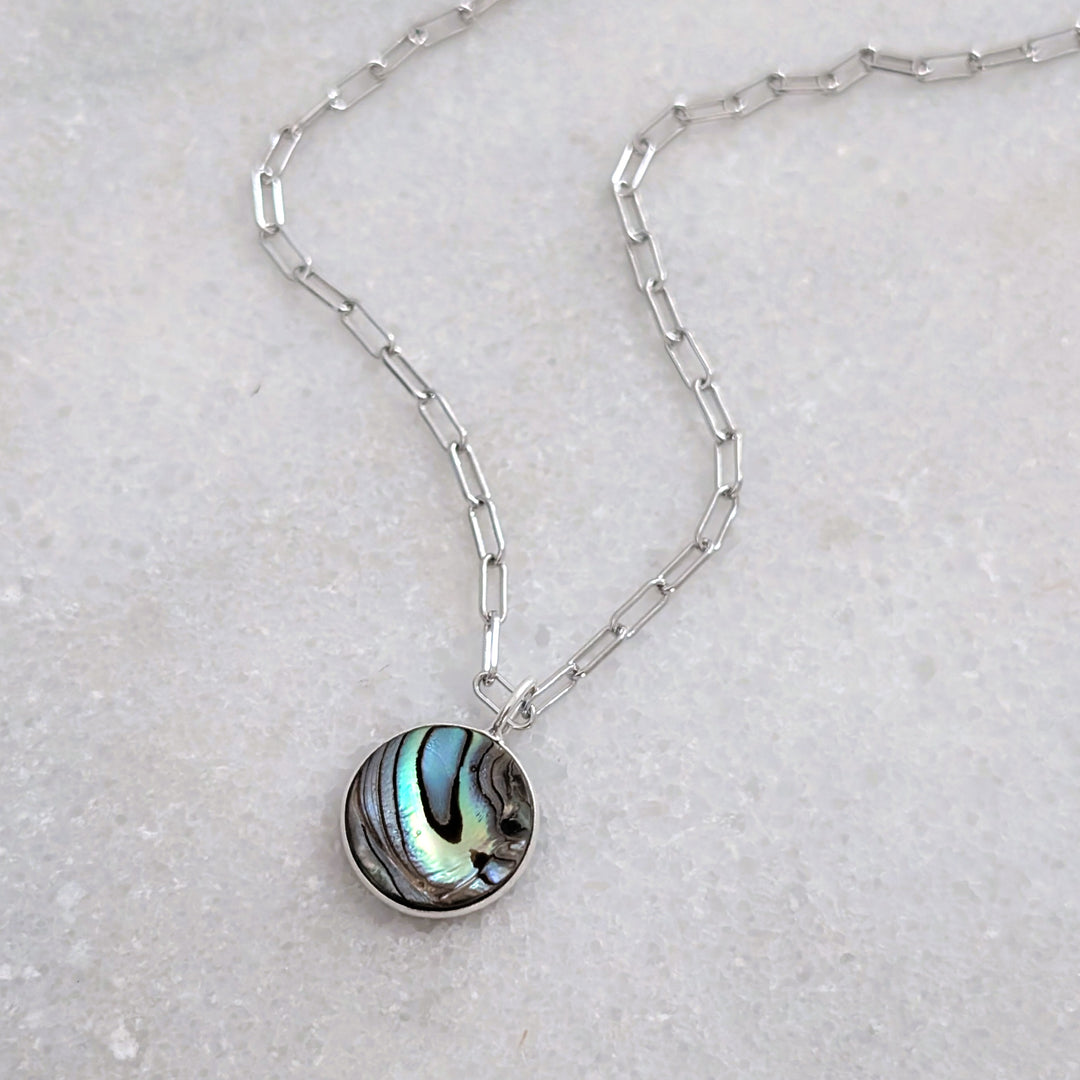 sterling silver circular pendant abalone shell necklace on paperclip chain