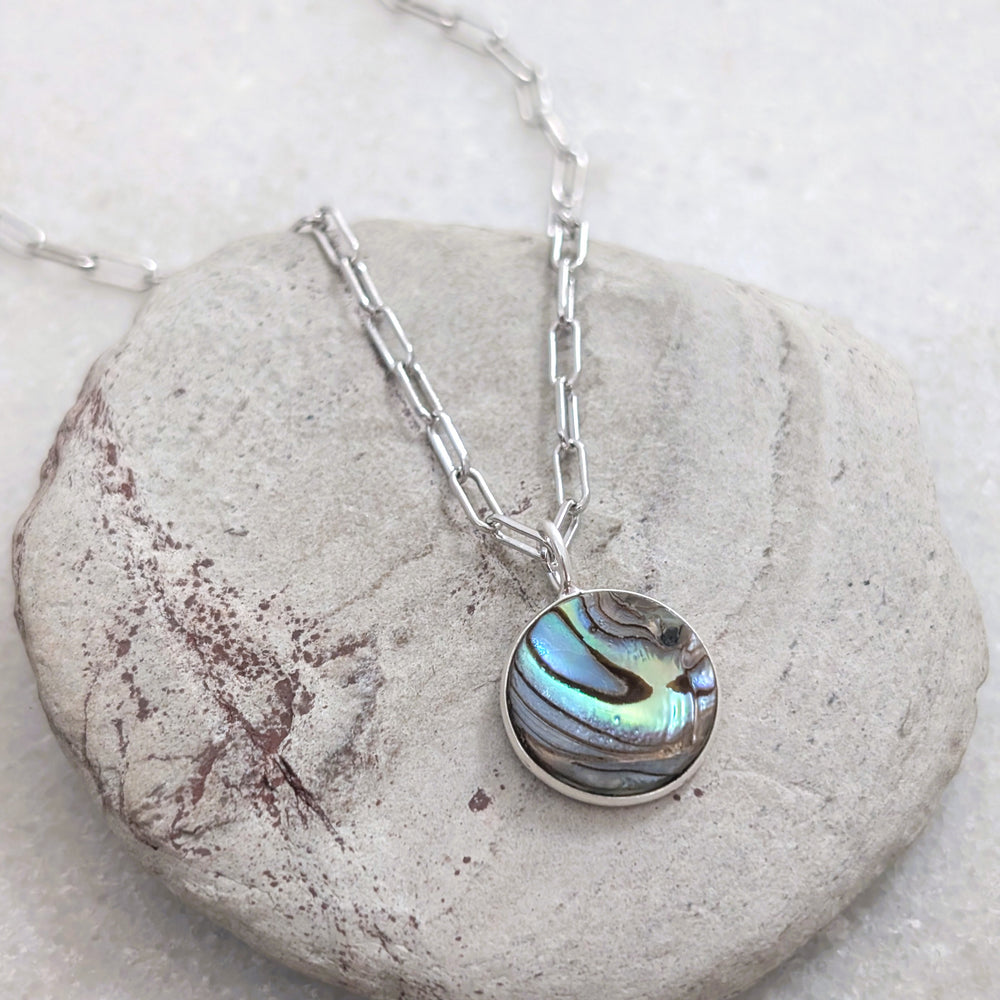 sterling silver circular pendant abalone shell necklace on paperclip chain