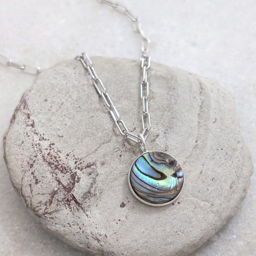 sterling silver circular pendant abalone shell necklace on paperclip chain