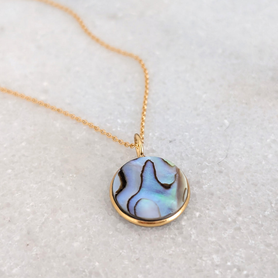 gold circular abalone shell pendant necklace