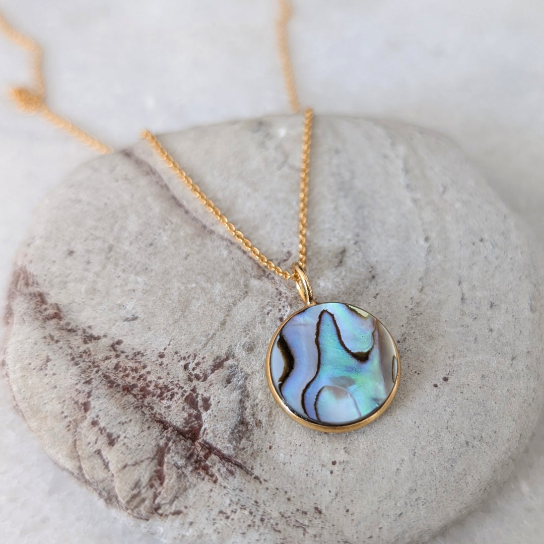 gold circular abalone shell pendant necklace