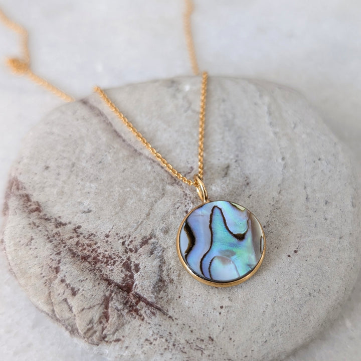 gold circular abalone shell pendant necklace