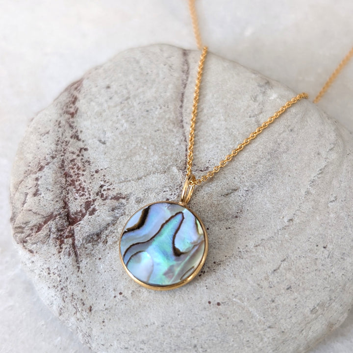 gold circular abalone shell pendant necklace