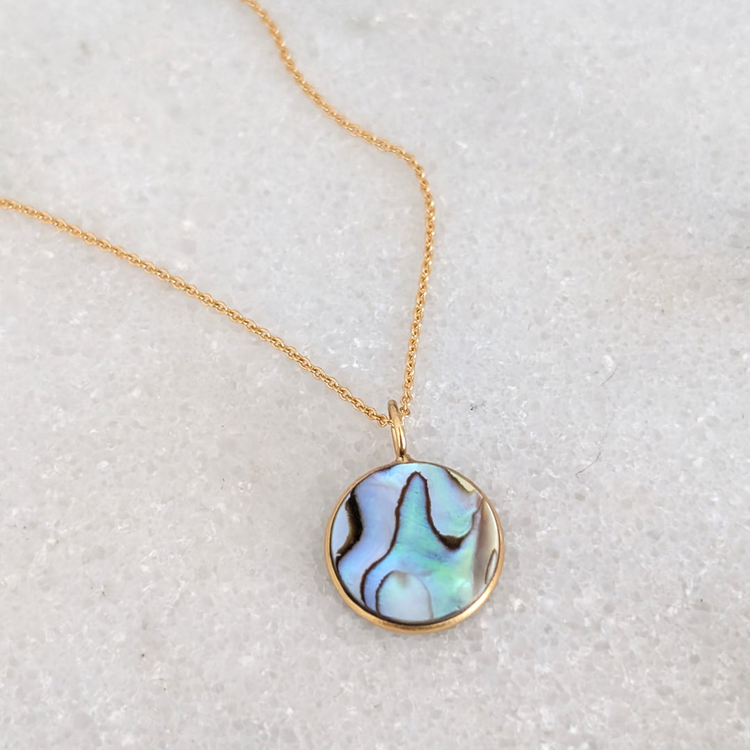 gold circular abalone shell pendant necklace