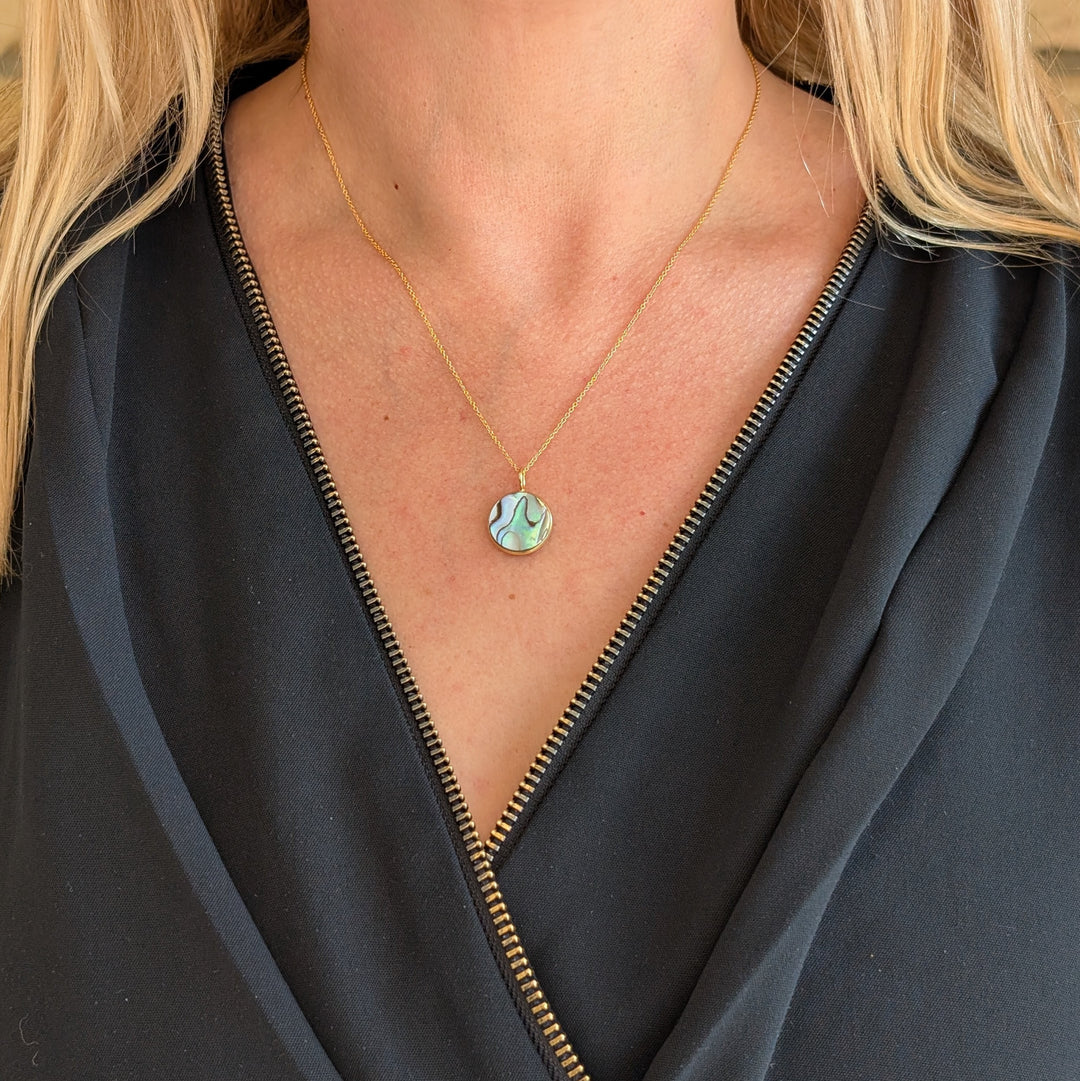 gold circular abalone shell pendant necklace