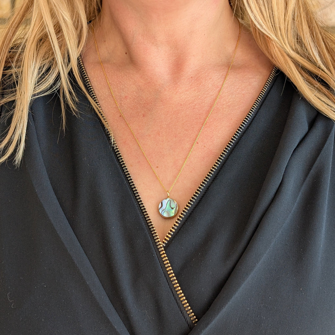 gold circular abalone shell pendant necklace