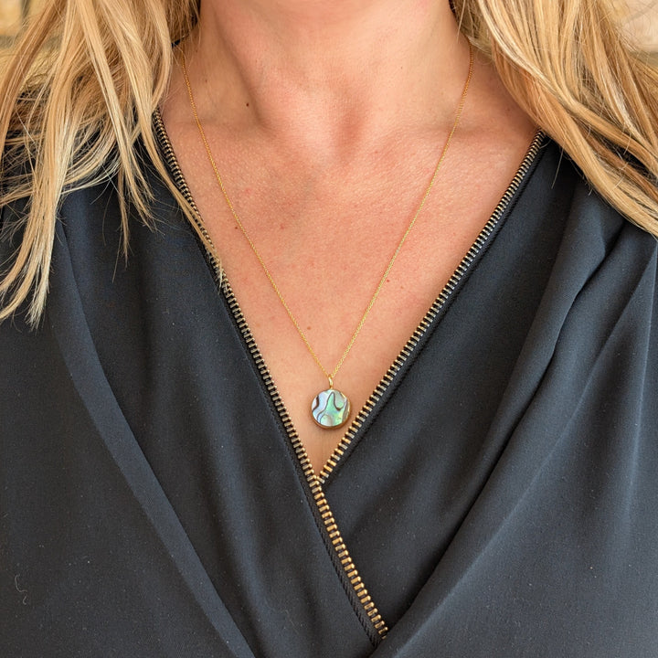 gold circular abalone shell pendant necklace